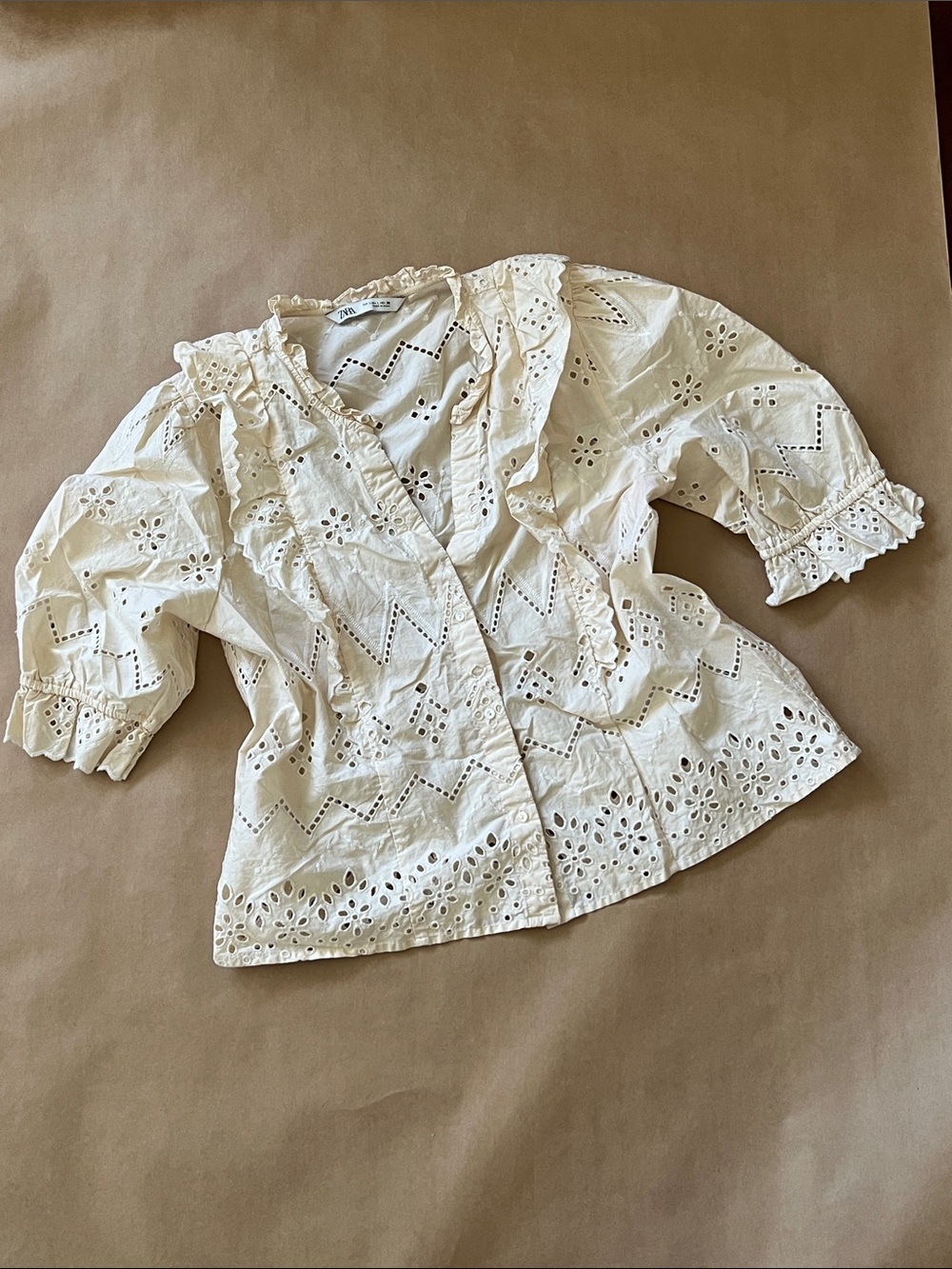 Zara Cream Eyelet Ruffle V-Neck Blouse